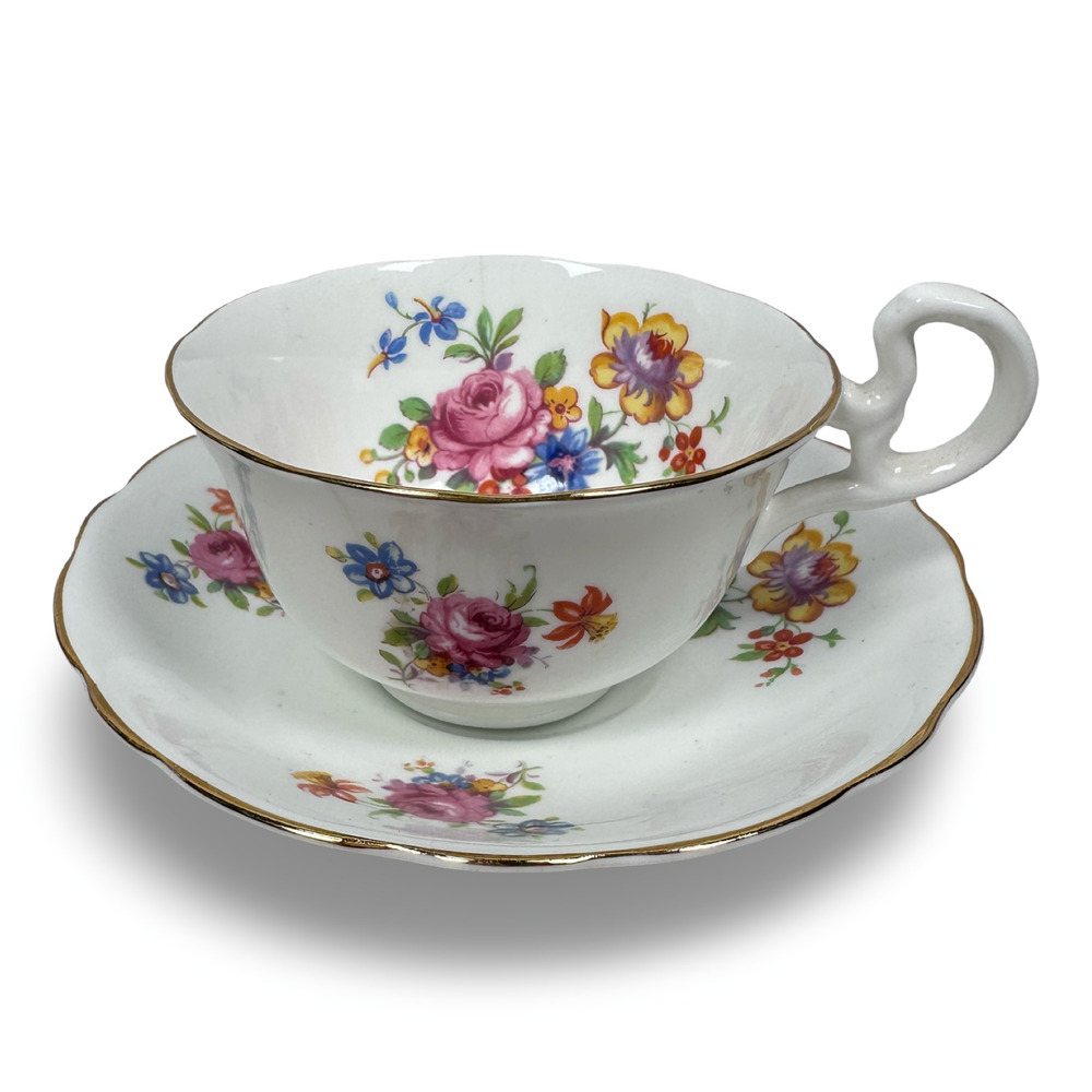 Vintage Radfords Teacup & Saucer 8059 White Floral Gold Trim Bone China England